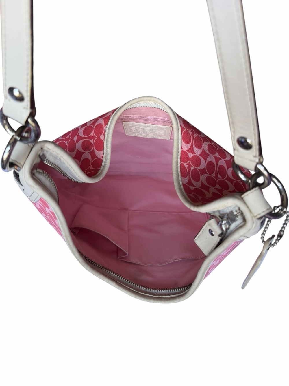 Y2K Coach Chelsea Heritage Pink Signature Hobo Shoulder Bag Leather Trim F15136 - Picture 10 of 16